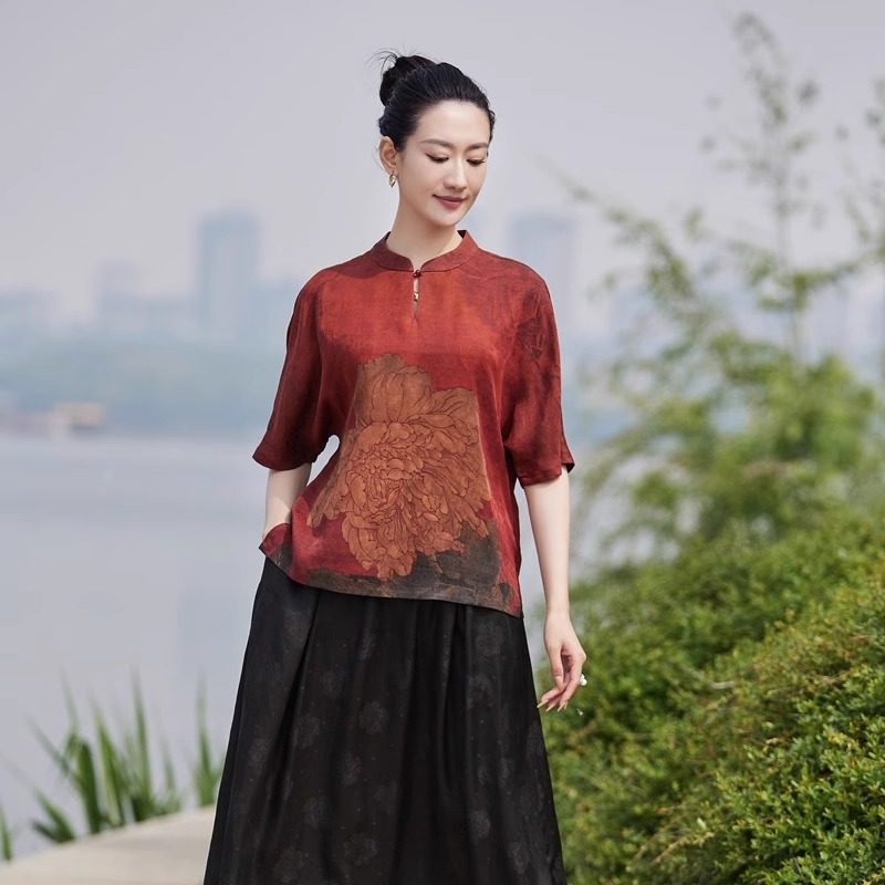 橙悦*断码-L,3XL*100%桑蚕丝香云纱提花 花罗 定位花蝙蝠袖上衣