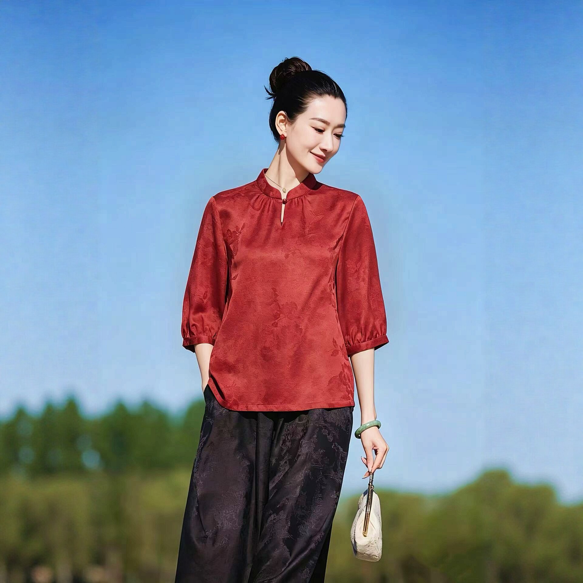 福利*复古红*100%桑蚕丝香云纱提花缎花罗 中袖 喜妈妈 衬衫/上衣