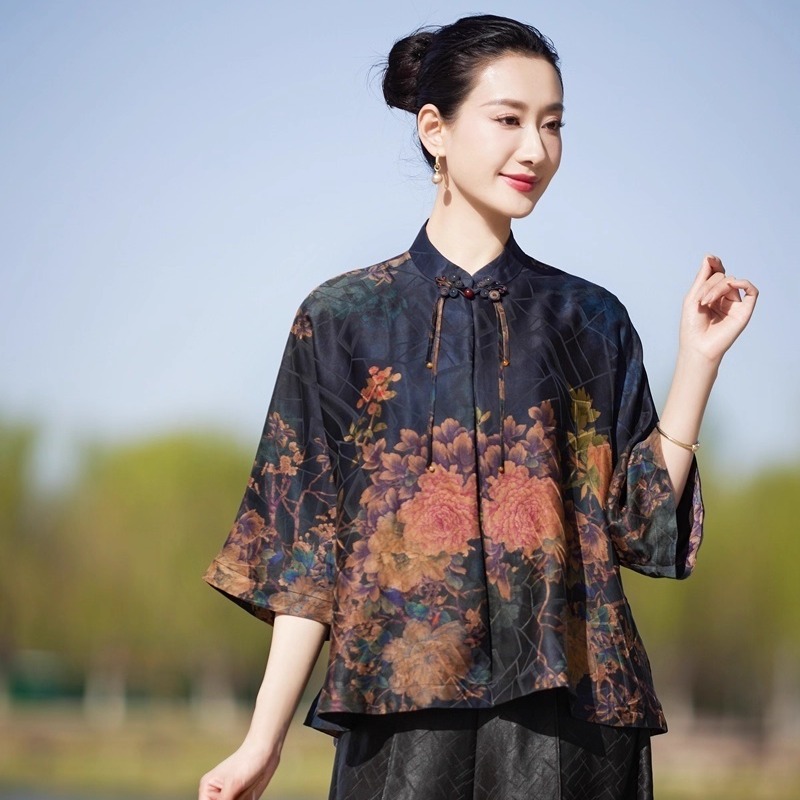 蓝牡丹*福利*100%桑蚕丝香云纱提花缎 加大 小立领妈妈上衣/外套