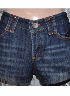 腰63-67CM水磨蓝色铆订绣线饰休闲短裤热裤牛仔裤7304