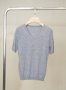 PAMIR女士V领纯色精纺羊毛短袖针织衫 PM002