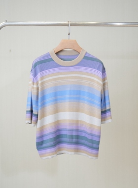 PAMIR女士圆领复古撞色条纹精纺羊毛短袖针织衫 PZ166