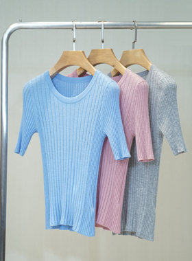 PAMIR女士圆领短袖针织精纺羊绒衫 H023