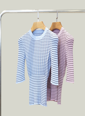 PAMIR女士圆领条纹立体坑条丝绵混纺针织短袖 PZ142