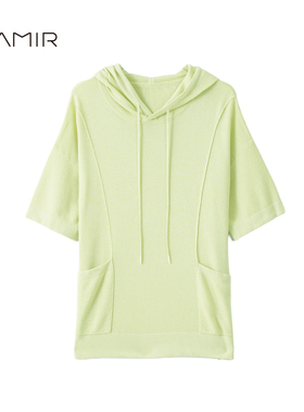 PAMIR春夏新款女精纺羊毛连帽半袖针织衫T恤 PZ360