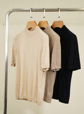 PAMIR女士半高领纯色短袖针织精纺羊绒衫 H011