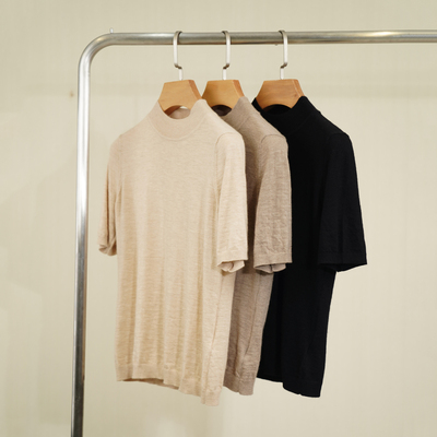 PAMIR女士半高领纯色短袖针织精纺羊绒衫 H011