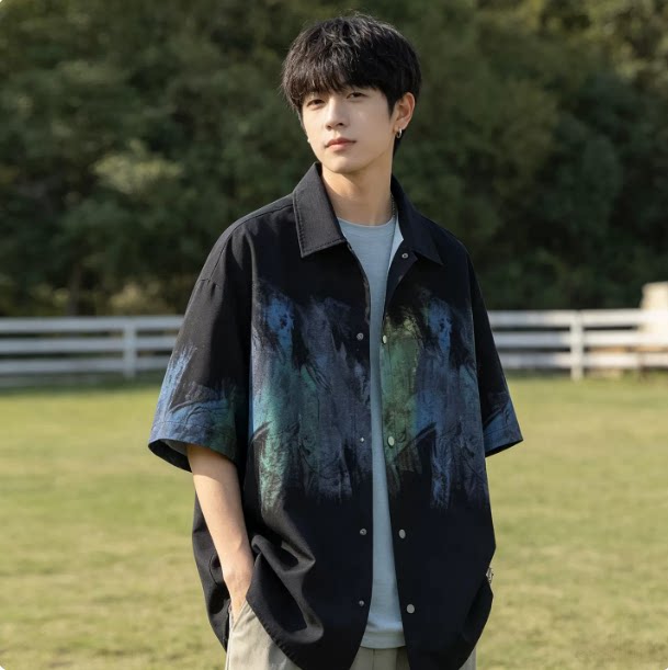 冰丝短袖衬衫男夏季薄款初中高中学生凉感透气衬衣青少年潮牌外套图片
