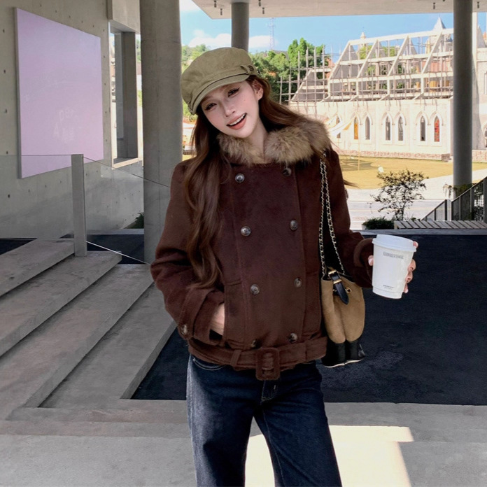 RHGD实拍2025~秋冬短款毛领连帽双排扣毛呢厚外套女收腰加厚大衣