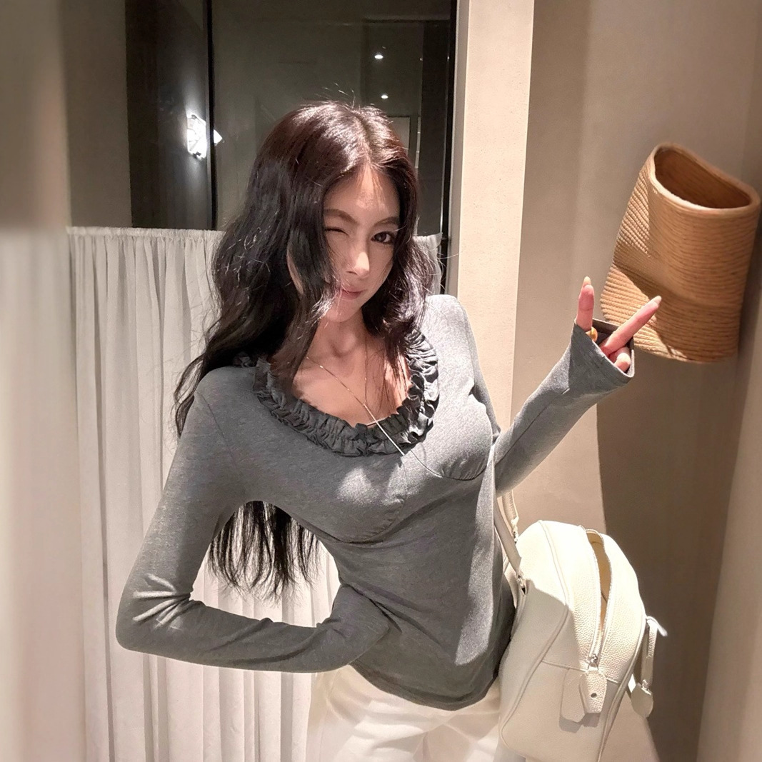 RHGD实拍辣妹性感露背荷叶边U领修身显瘦加绒长袖内搭打底衫上衣