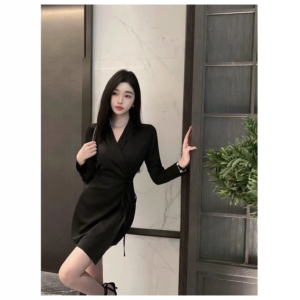 TZ6940气质御姐风V领系带西装连衣裙女秋季高级感收腰显瘦包臀裙