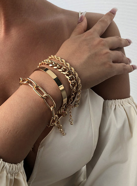 B1136亚马逊新款夸张合金粗链条多层手链女 欧美时尚金色手镯手环