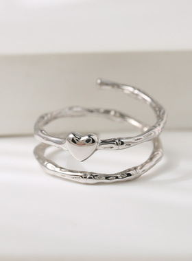s925纯银爱心缠绕线圈弹簧戒指女褶皱感时髦螺旋食指戒开口可调节