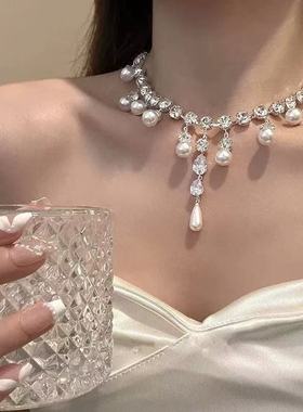 闪钻气质水滴锆石镶钻珍珠项链法式轻奢风百搭锁骨链礼服时尚项饰