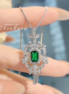 vintage中古祖母绿公主方钻吊坠欧美奢华宴会订婚彩宝锆石项链女