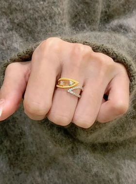 vintage落叶缱绻镂空金色叶片戒指中古轻奢撞色高级感镶钻指环女