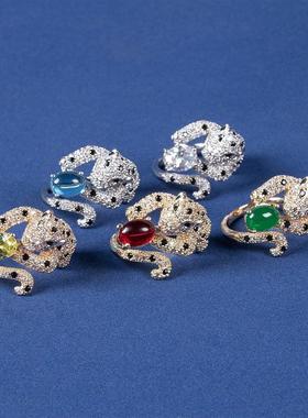 跨境新款欧美饰品珠宝首饰复古通勤开口戒指豹子宝石戒指饰品