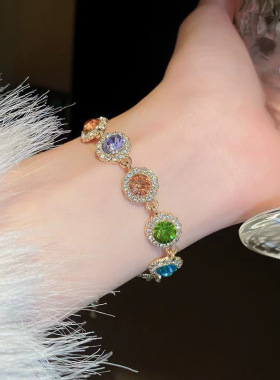 法式复古彩色多巴胺镶钻手链女田园风轻奢手串小众高级感手环饰品