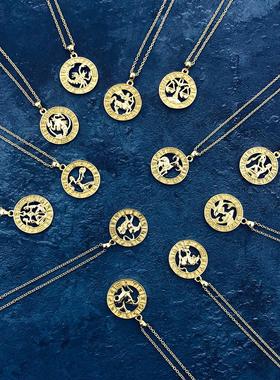 胧月 欧美流行12十二星座圆牌金币吊坠项链 镀14k金跨境爆品