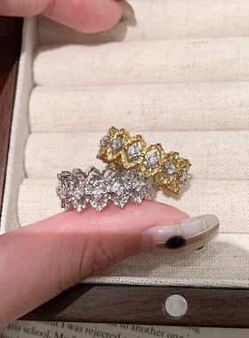 意大利布契风蕾丝花边戒指Vintage中古拉丝菱格镂空调金镶钻指环