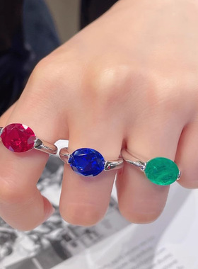 简约百搭仿真鸽子蛋祖母绿戒指镶嵌高碳钻鸽血红刚玉蓝尖晶指环女