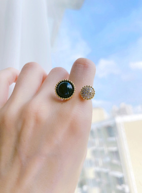 韩国圆球黑曜石夸张水晶活口戒指