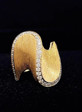 轻奢高级感手工拉丝波浪镶钻戒指小众设计复古欧美风宽版女戒指环