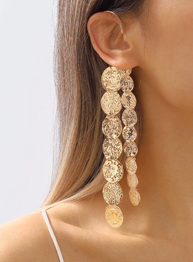 E11437欧美复古几何冷淡风合金耳饰 ZA夸张多层圆圈金属流苏耳挂