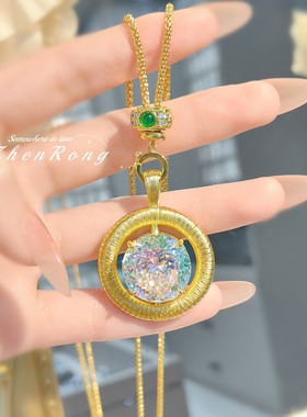 意大利复古高级感拉丝炫彩钻吊坠双面设计镶钻冰花切高碳钻项链女