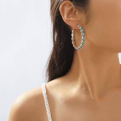 E11867跨境民族风绿松石大圆圈耳环 小众几何圆形复古气质耳圈女