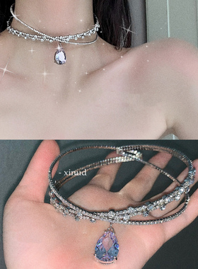 高级感轻奢简约个性设计可发卡水钻颈圈奢华水滴型吊坠颈链项链