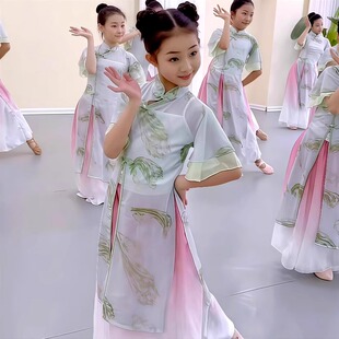 儿童古典舞演出服女童中国风旗袍飘逸纱衣小月儿同款 扇子舞表演服
