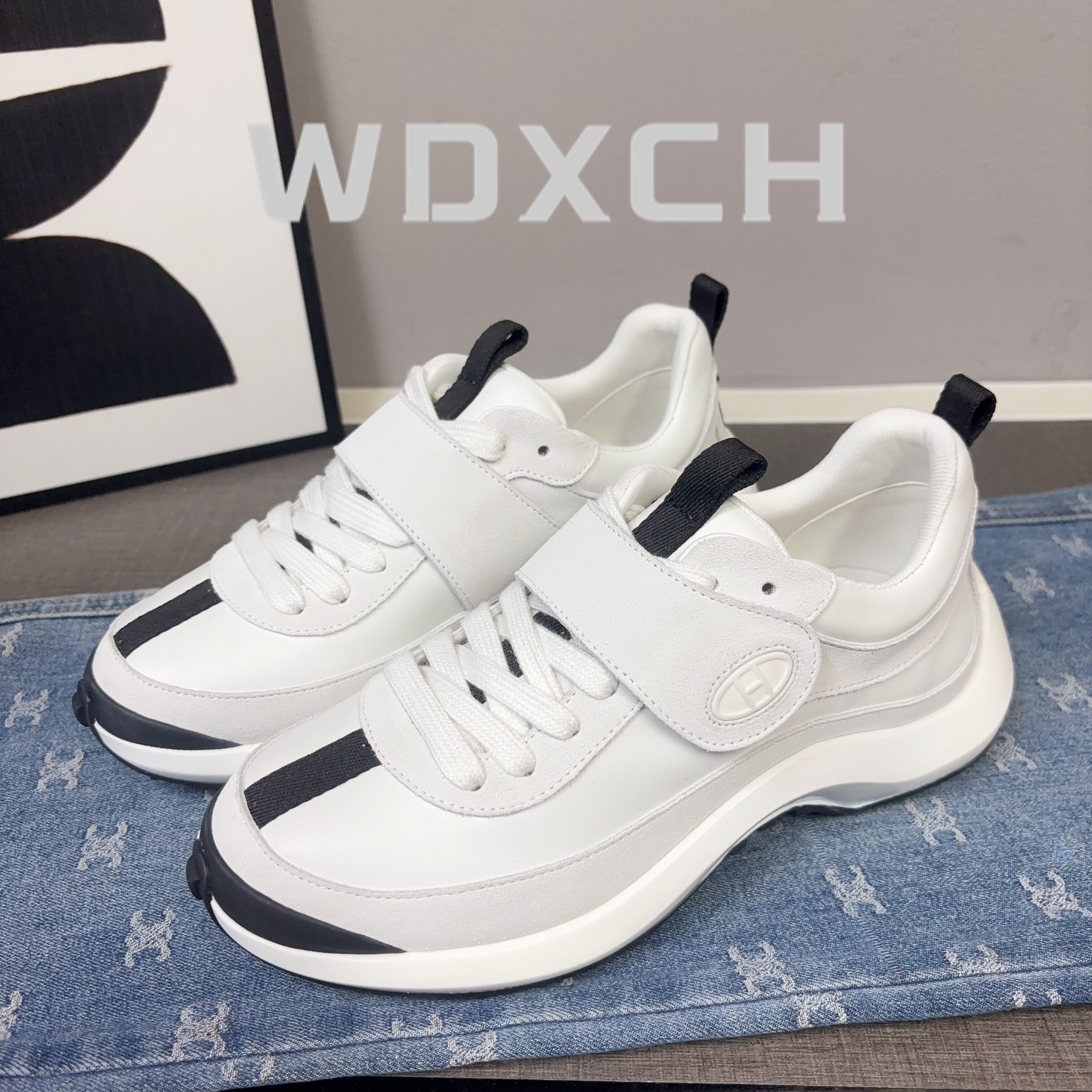 H家2025秋冬运动老爹鞋女增高5cm魔术贴简约休闲拼色四季小白鞋