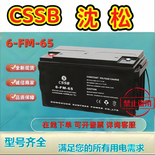 CSSB沈松蓄电池6-FM-65 12V65AH铅酸免维护机房后备消防应急电源