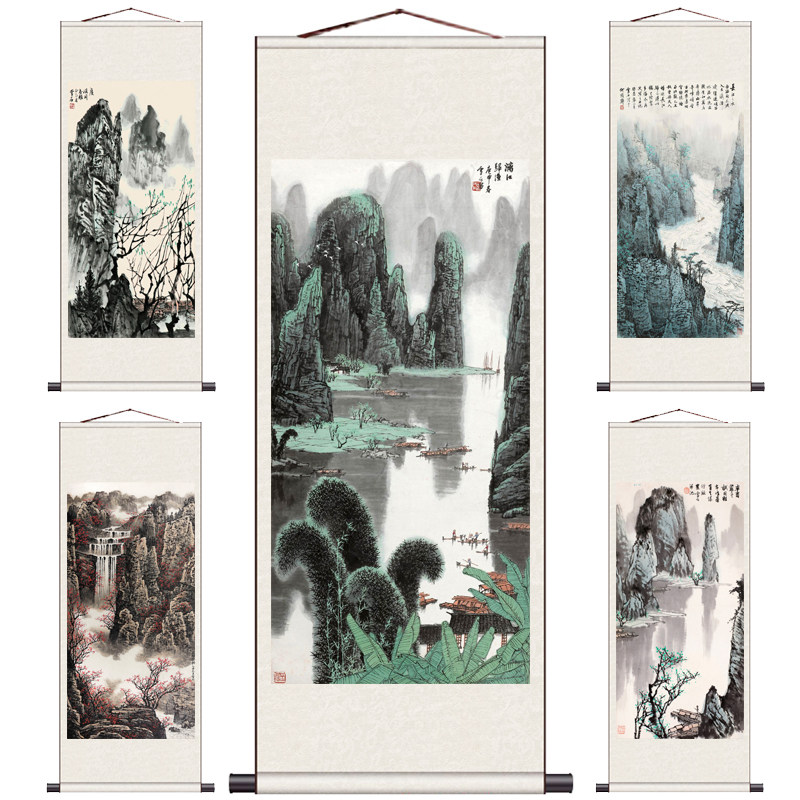 漓江山水丽江之春国画山水画茶楼酒店包厢壁画白雪石字画名家丝绸