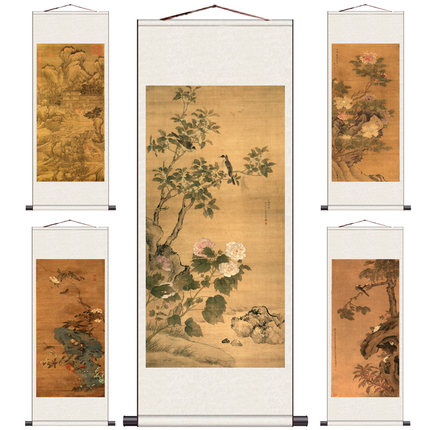 郎世宁平安春信图名家卷轴画丝绸礼品清代字画胡湄玉堂富贵石竹图