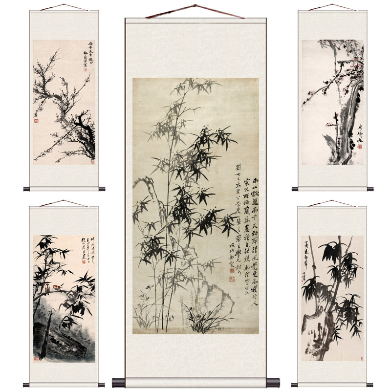 墨竹图国画风水花鸟画兰花寿桃长寿富贵丝绸画客厅卷轴画定制名家