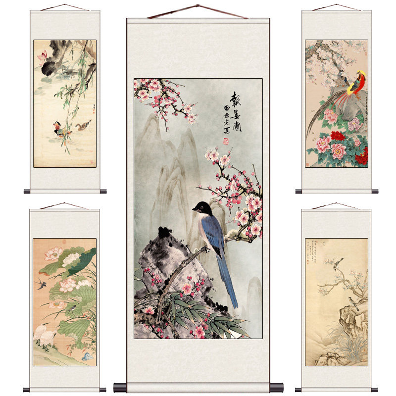 雪涛花鸟画大白鹅客厅装饰挂画报春图条幅卷轴字画丝绸卷轴画定制