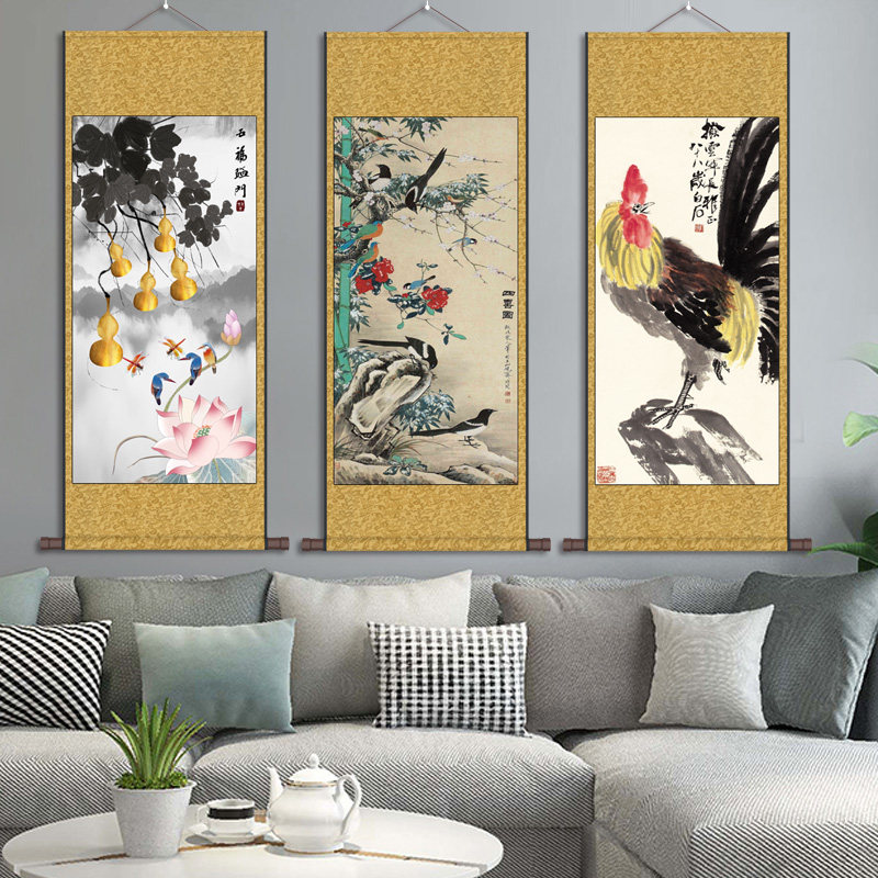 五福大公鸡四喜图花鸟挂画吉祥动物装饰画玄关字画名家书法风水画