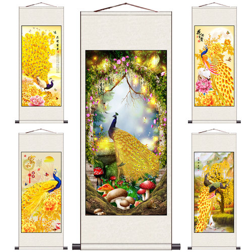金孔雀富贵吉祥花开富贵客厅装饰画中式卷轴画花鸟绢布竖幅茶楼画