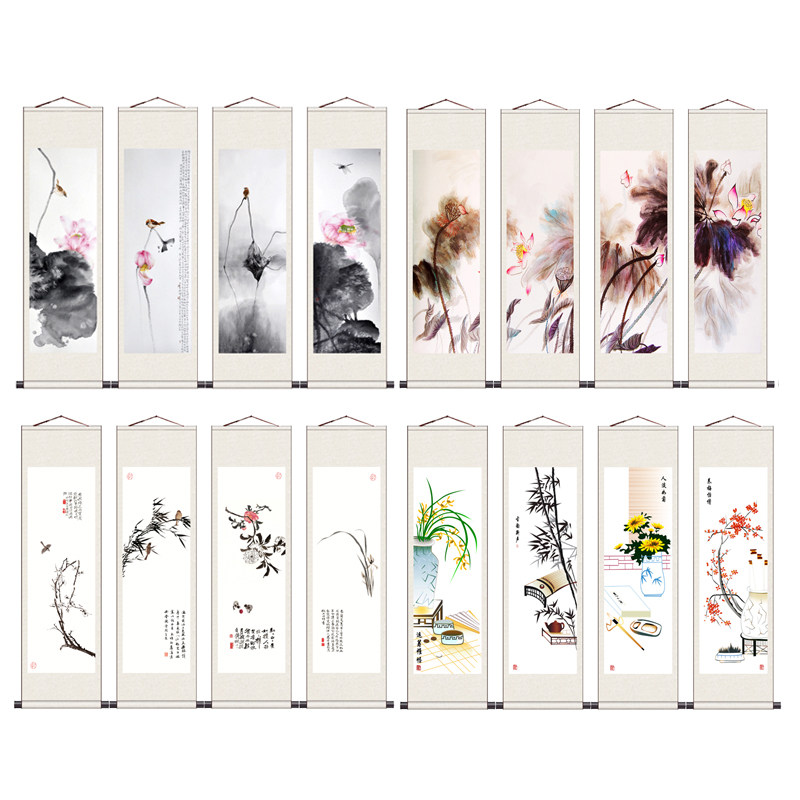 梅兰竹菊丝绸挂画四条屏卷轴画花开富贵家居装饰画国画风水花鸟画