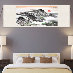紫气东来风水丝绸挂画横幅山水画酒店办公室壁画旭日东升客厅挂画