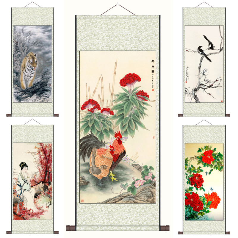 公鸡花鸟画国画下山虎招财卧室风水字画古典仕女图茶楼装饰画书房