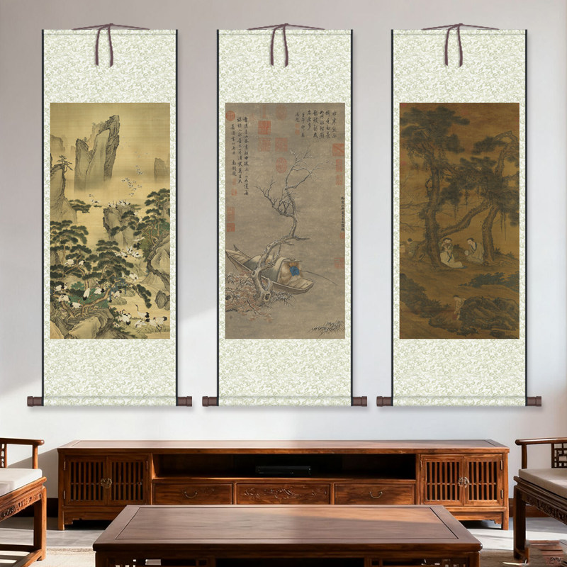 仿古山水画春野新耕图风景名画茶楼复古挂画丝绸挂画卷轴画名家宋