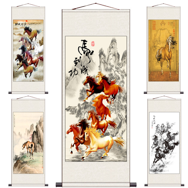 新中式卷轴画马到成功八骏图酒店挂画丝绸卷轴画名家字画客户礼品