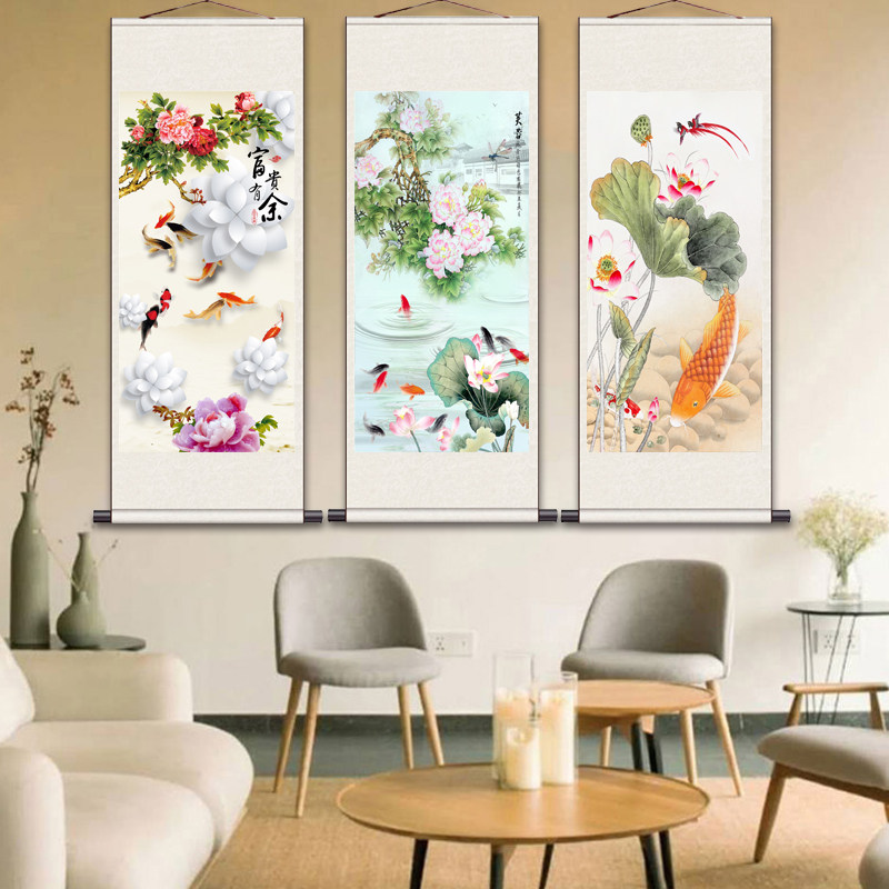 三羊开泰出水芙蓉九鱼图玉兰黄雀花鸟挂画丝绸画挂画茶楼装饰画定