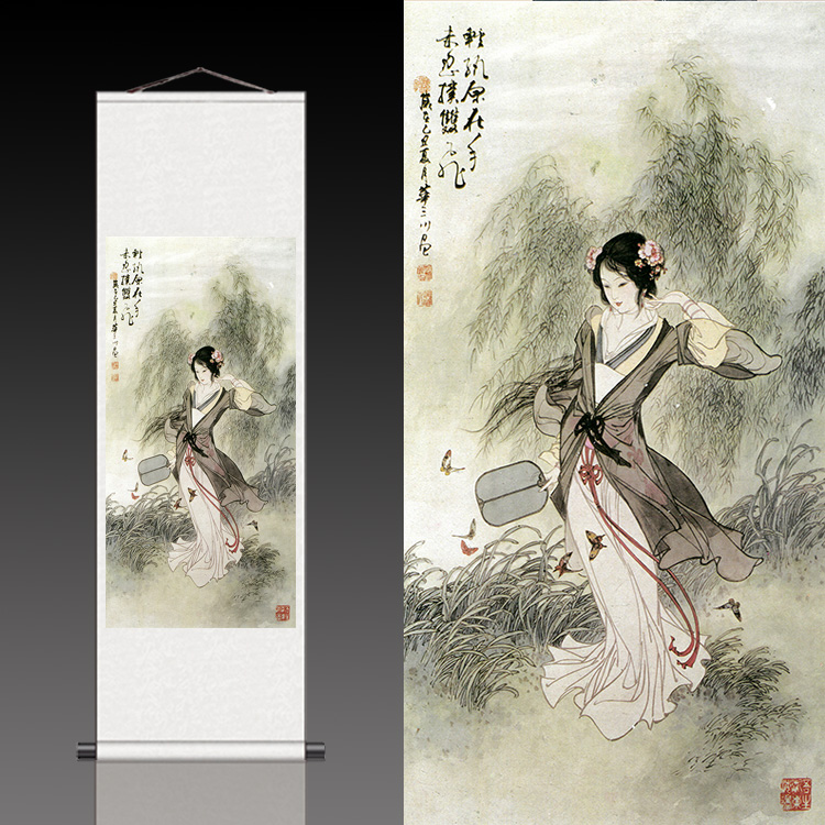 丝绸画 仕女图华三川百美图国画卷轴画秋风扑蝶图礼品卷轴美女图