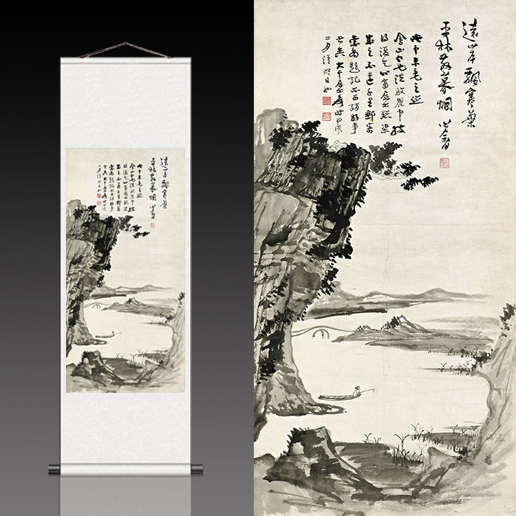 独钓寒江雪国画茶楼包厢装饰画山水画张大千国画送老外仿古字画新