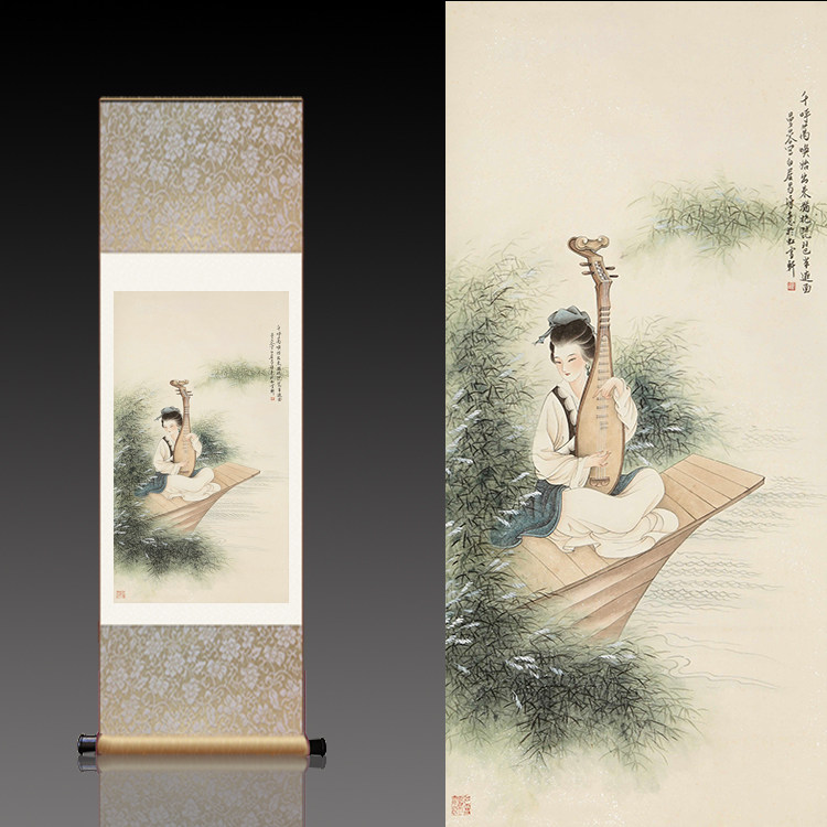 古典挂画装饰画琵琶仕女图办公室酒店卷轴画丝绸字画佳人游船挂画