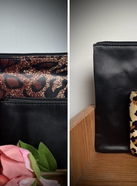 68包邮｜出口欧美性感黑豹纹仿绸缎三件套丝带礼物化妆收纳包